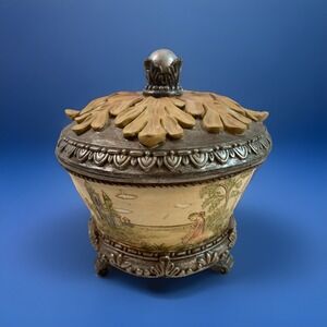 Vintage Trinket Jewelry Box w/Lid Resin Filigree Pattern Maiden In Field